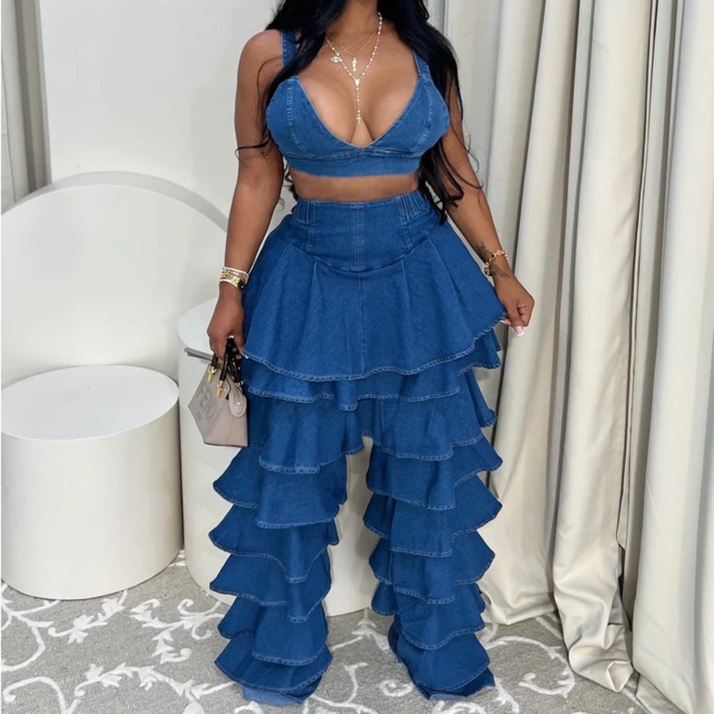 STRETCH DENIM 2pc Ruffled Pant Set - Picture 3 of 6